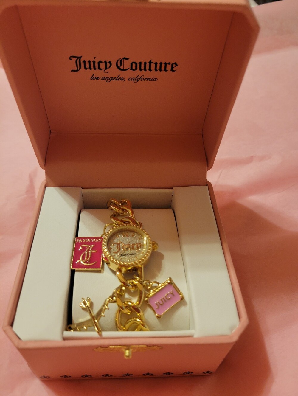 Juicy Couture Gold-tone Bracelet with Pink Enamel Charms